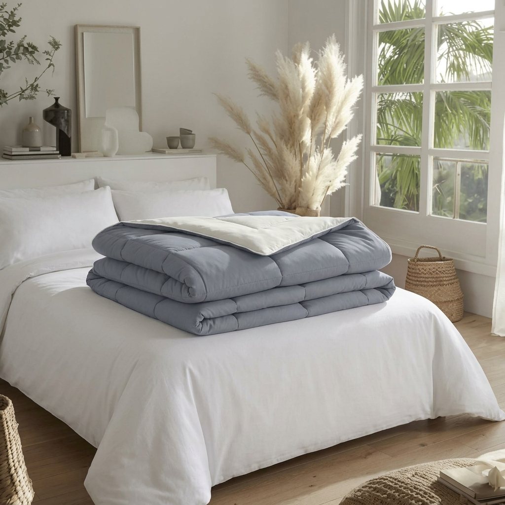 Couette réversible ardoise et blanc, pliée