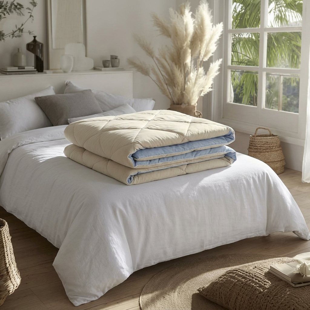 Couette réversible sable et bleu brume, pliée