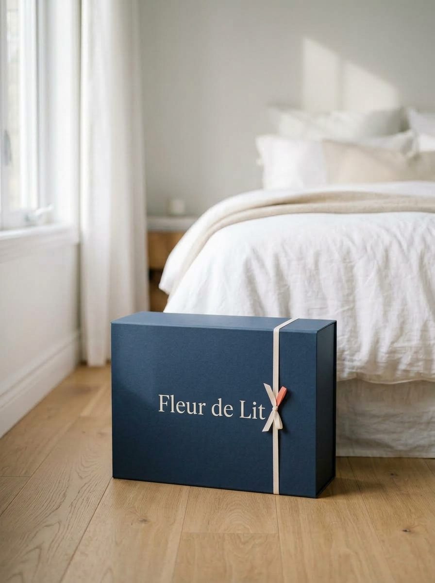 Boîte rigide bleu nuit Fleur de Lit au pied du lit