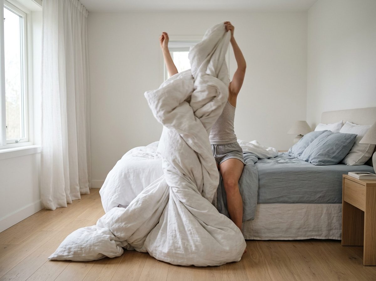 Une personne coincée dans une housse de couette, bras en l'air